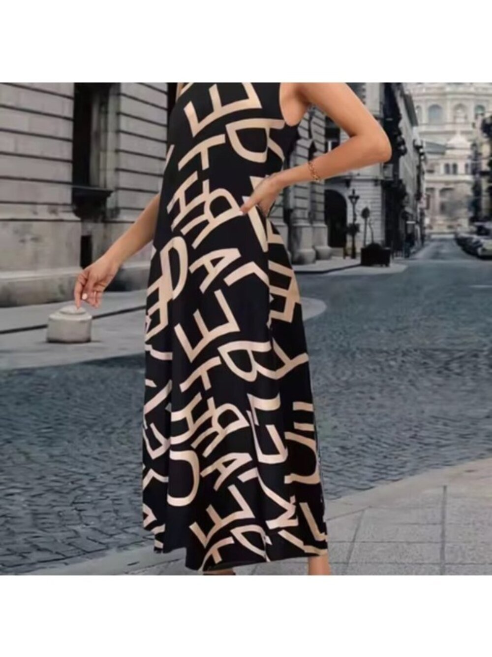 Black & Beige Geometric Print Sleeveless Maxi Dress , medium stretch